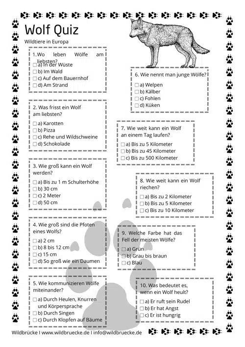 Arbeitsblatt Quiz Wolf für die Grundschule - Wildtiere in Europa