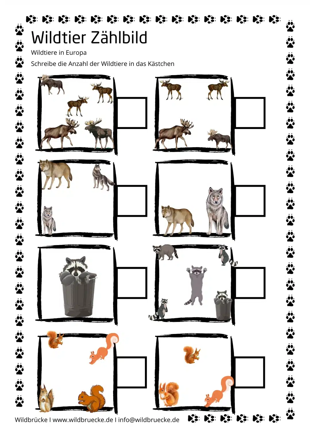 Arbeitsblatt Wildtiere zählen und Zahlen schreiben - Unterrichtsmaterial für die Grundschule (1)