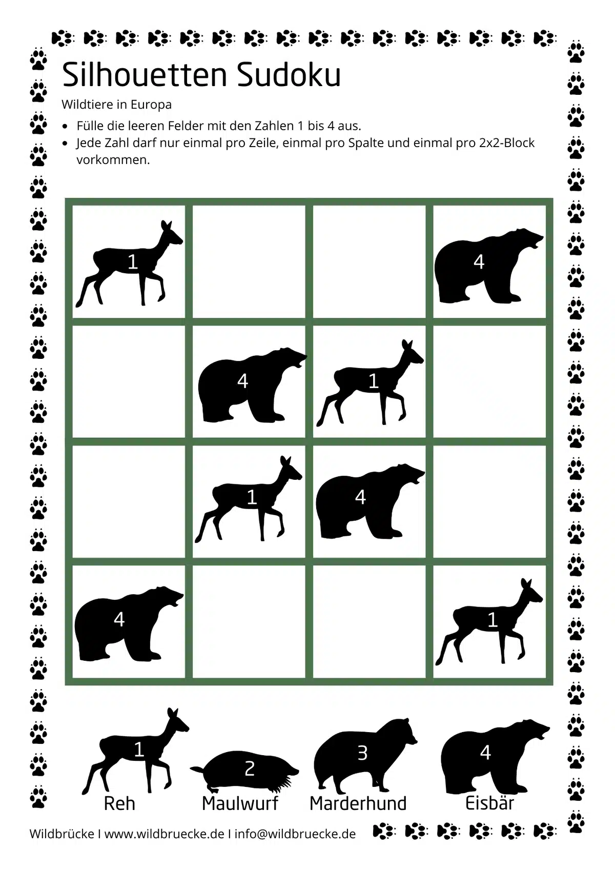 Silhouetten Sudoku Reh,Maulwurf, Marderhund und Eisbär - Wildtiere in Europa